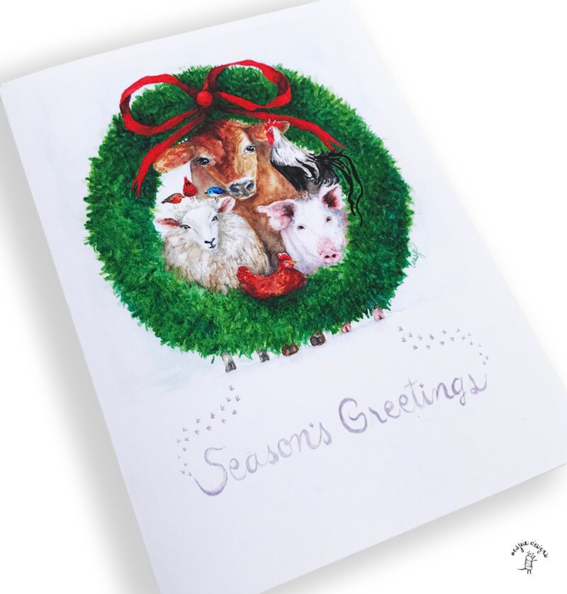 Barn Animal Christmas Wreath Holiday Cards