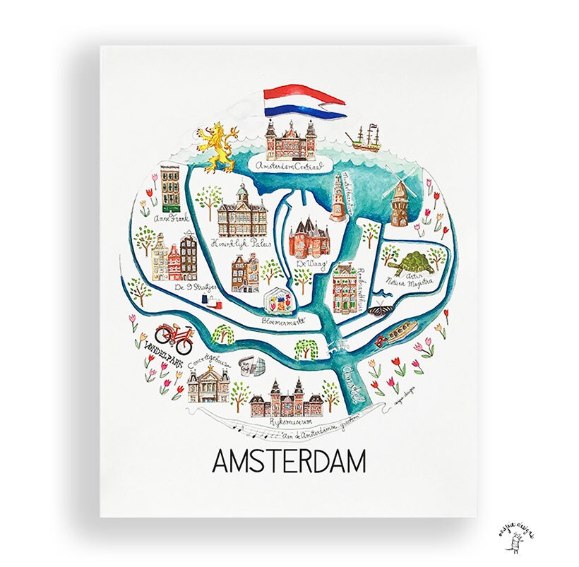 Amsterdam Canals City Map Art Print - Watercolor