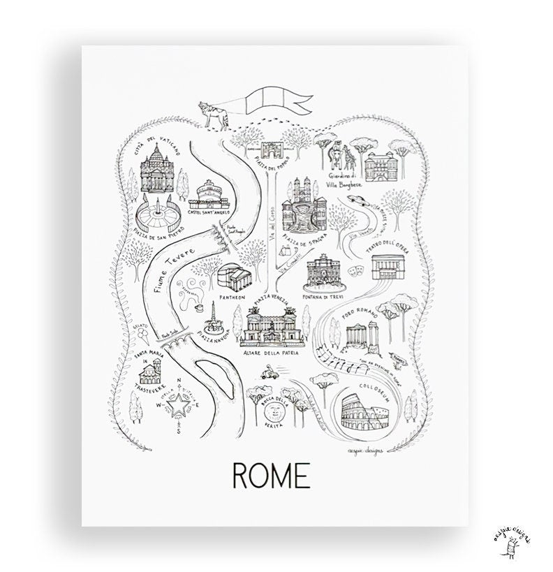 Rome City Map Art Print - Black & White