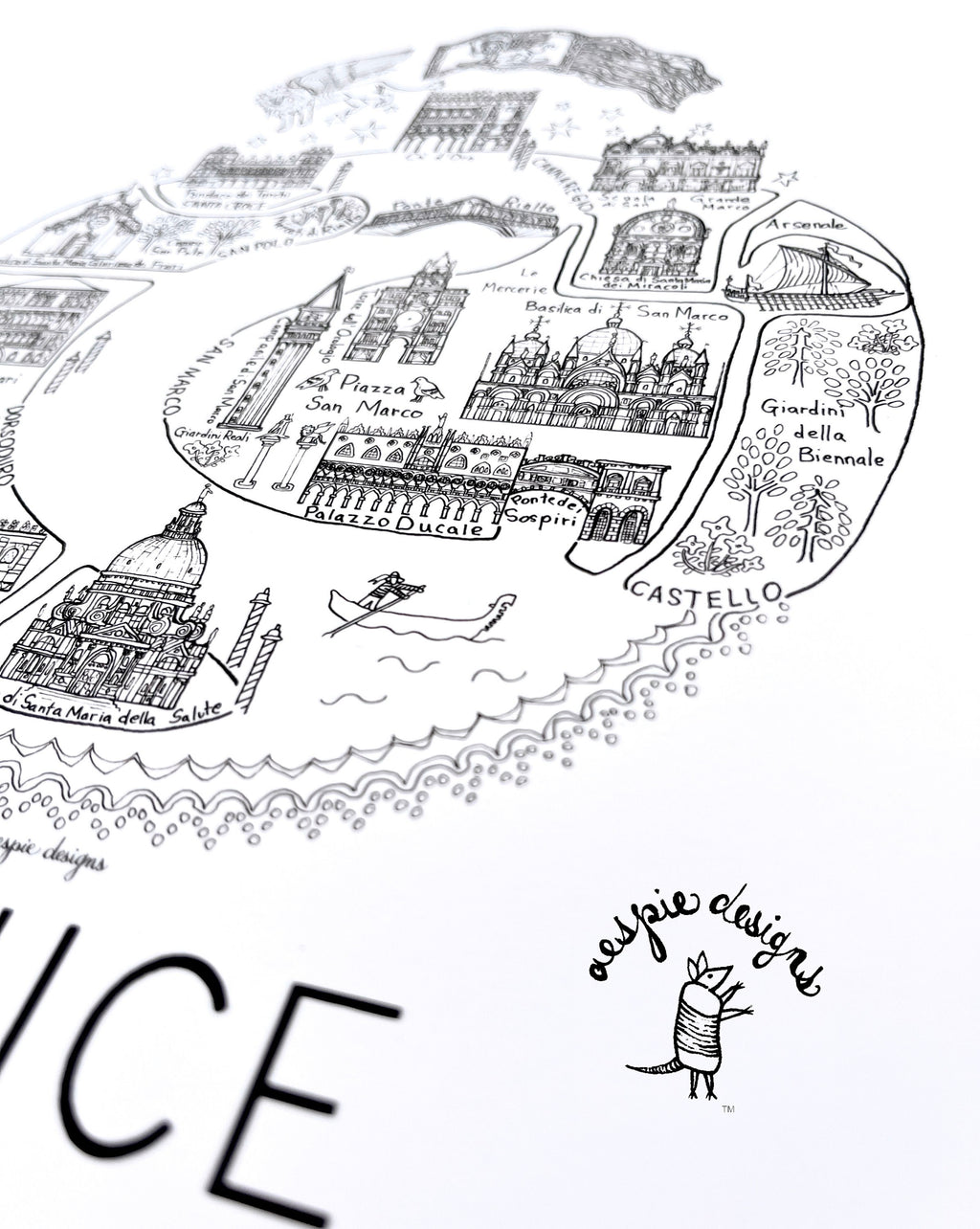 Venice City Map Art Print Black & White