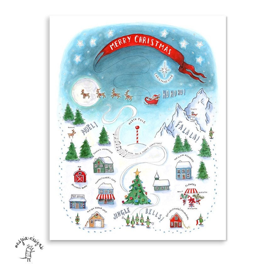 Santa's Winter Village Art Print - Watercolor
