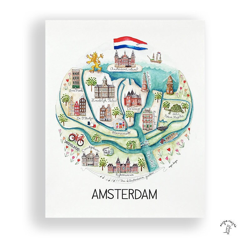 Amsterdam City Map Art Print - Watercolor