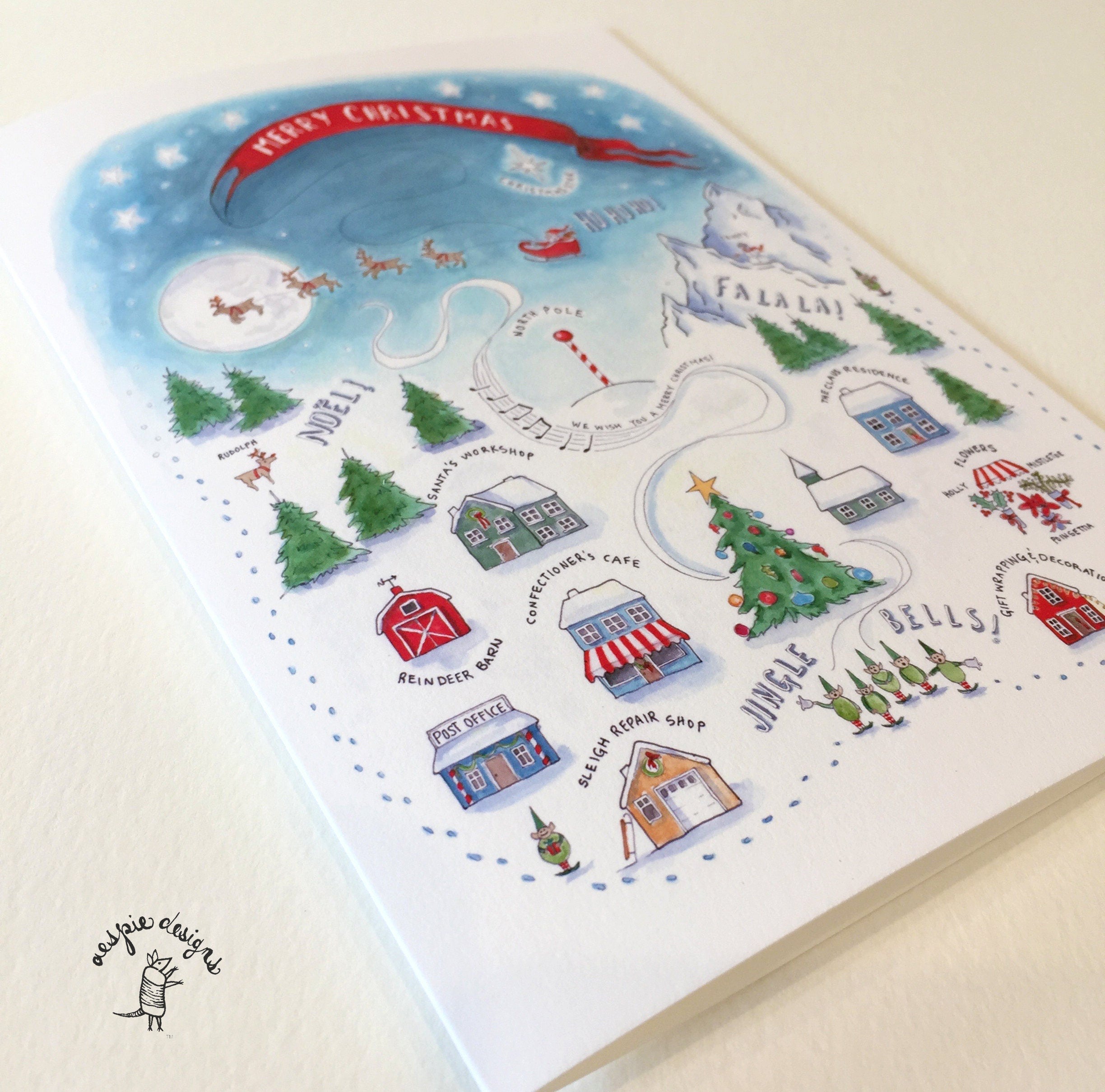 Santa's Winter Village - Merry Christmas - Holiday Cards (Set of 10) - Handmade