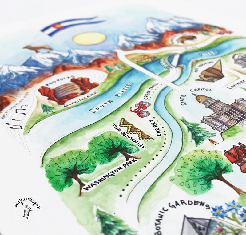 Denver City Map Art Print - Blue - Watercolor