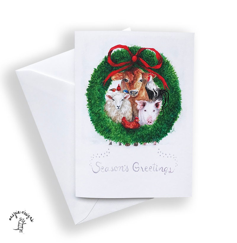 Barn Animal Christmas Wreath Holiday Cards