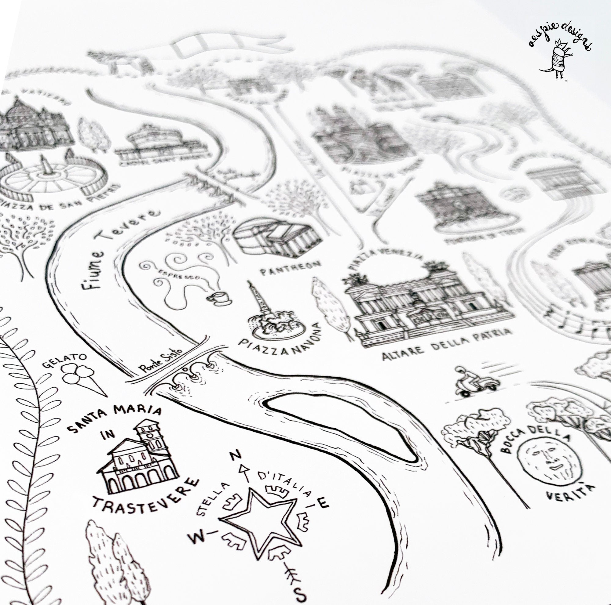 Rome City Map Art Print - Black & White