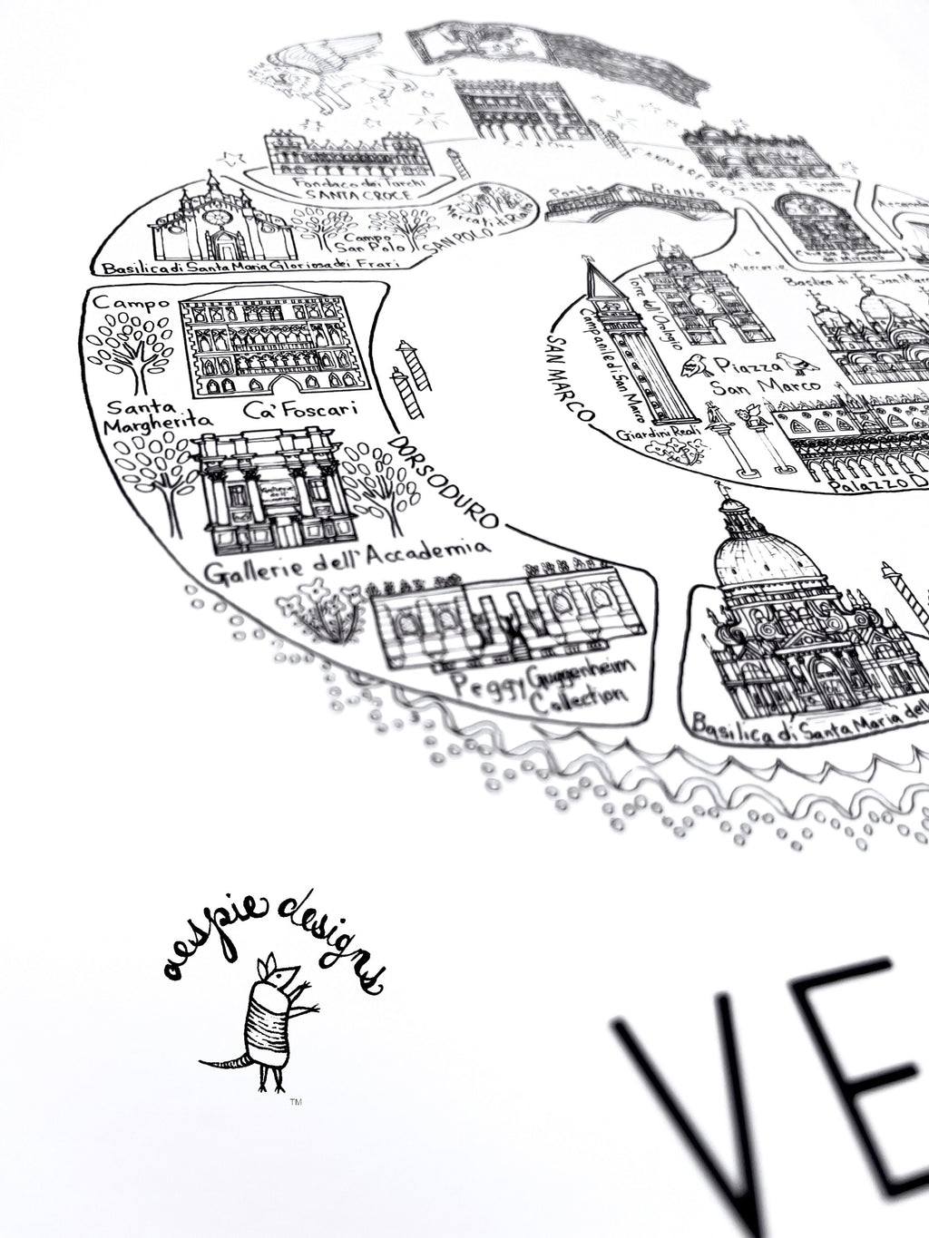 Venice City Map Art Print Black & White