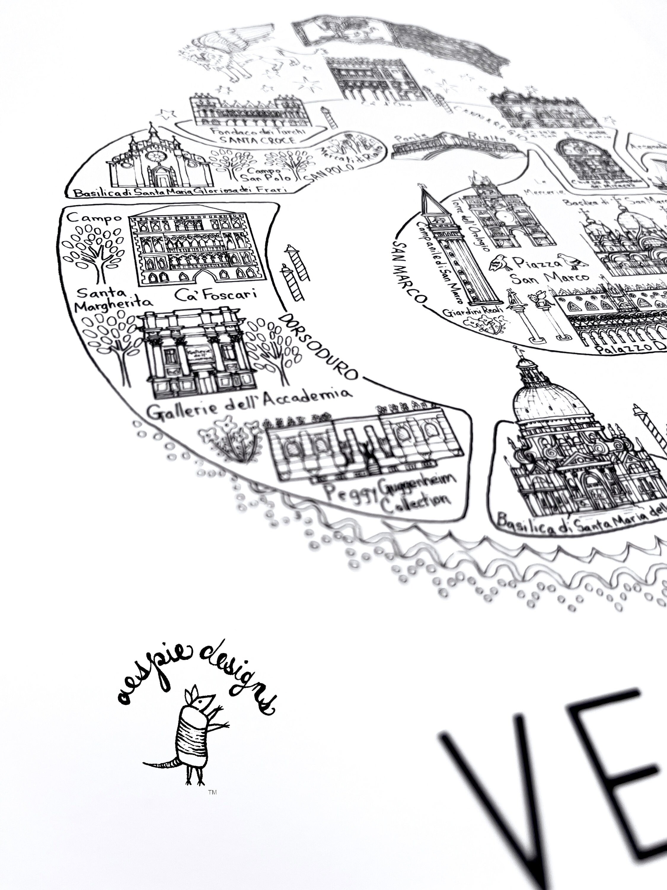 Venice City Map Art Print Black & White