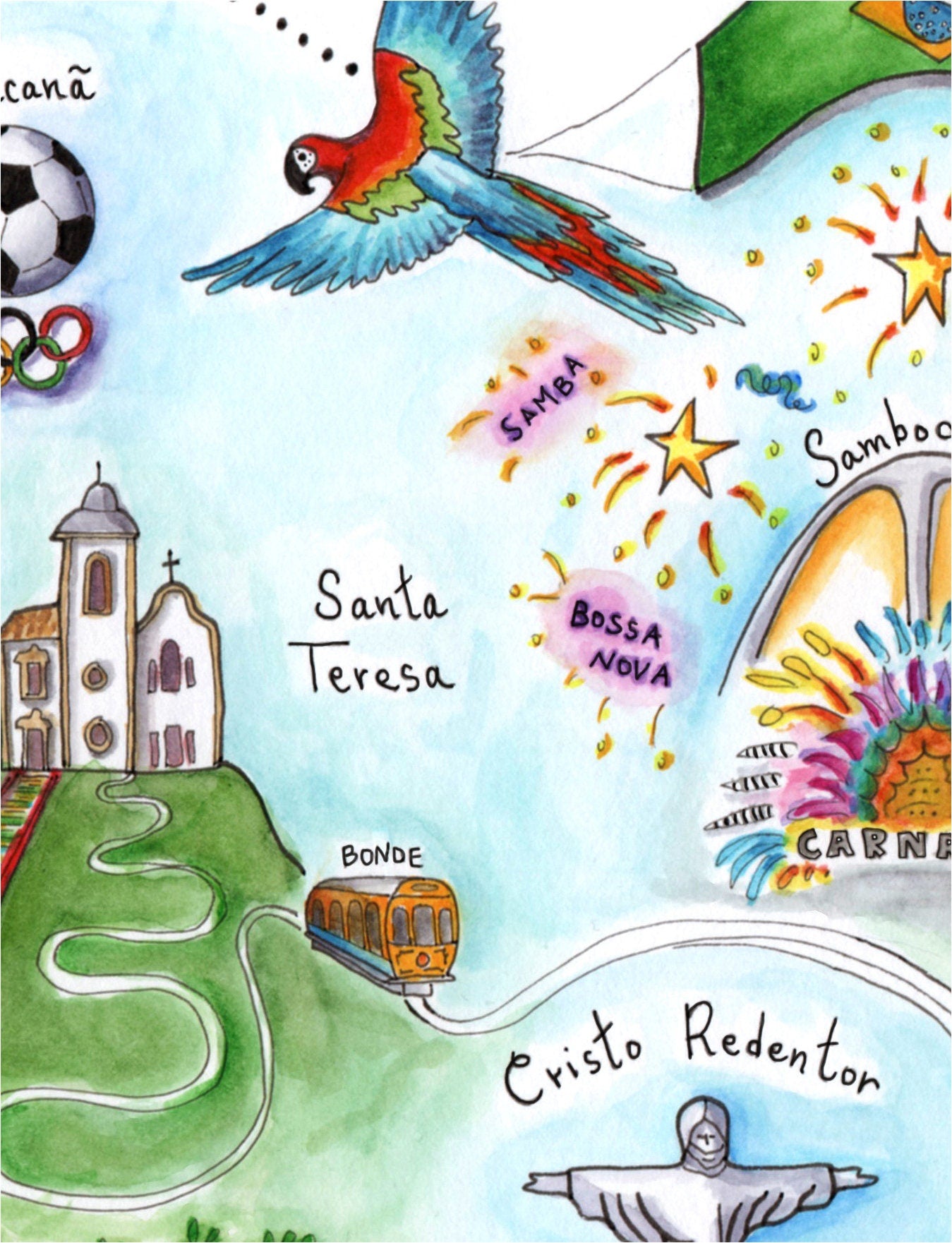 Rio de Janeiro City Map Art Print - Watercolor