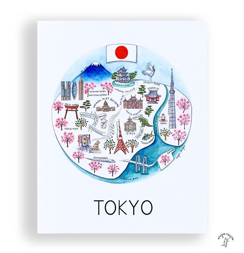 Tokyo City Map Art Print  Watercolor