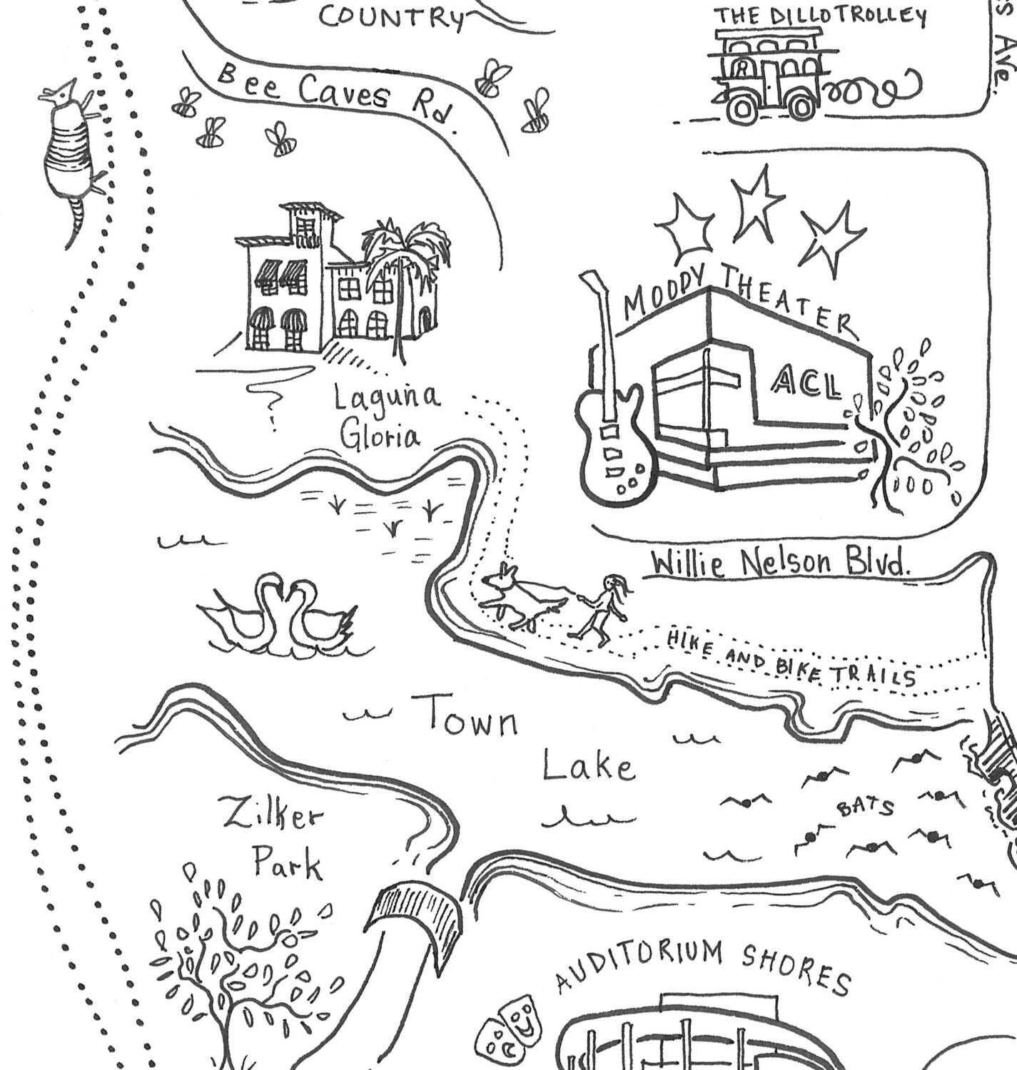 Austin City Map Art Print - Black & White