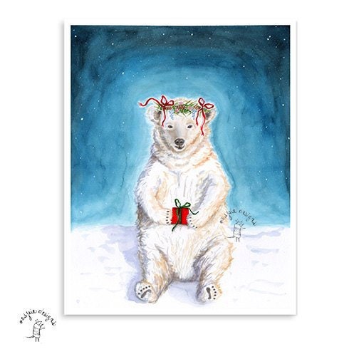 Holiday Bear Art Print - Watercolor
