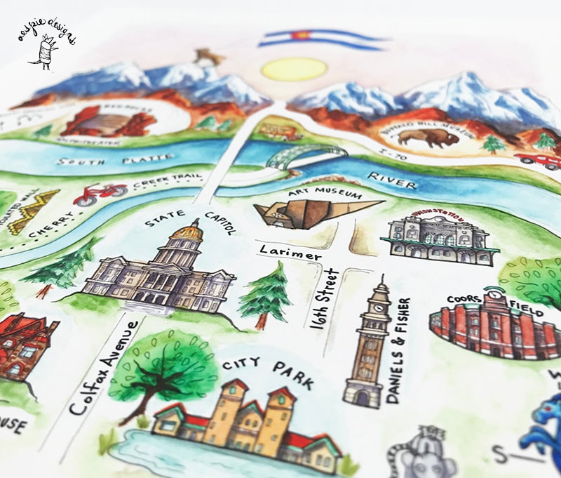 Denver City Map Art Print - Pink - Watercolor