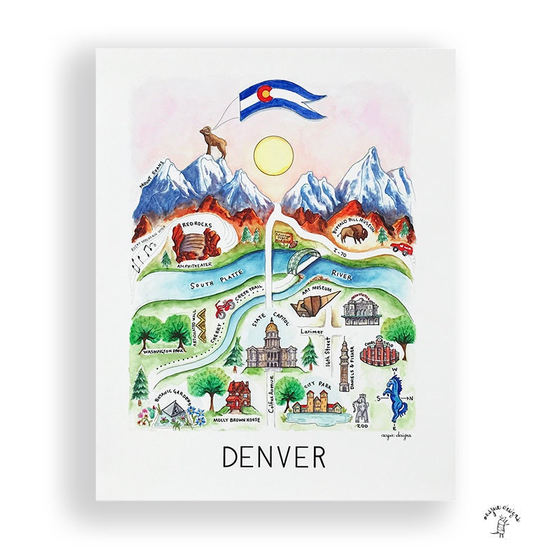Denver City Map Art Print - Pink - Watercolor