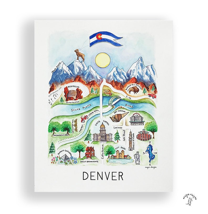 Denver City Map Art Print - Blue - Watercolor