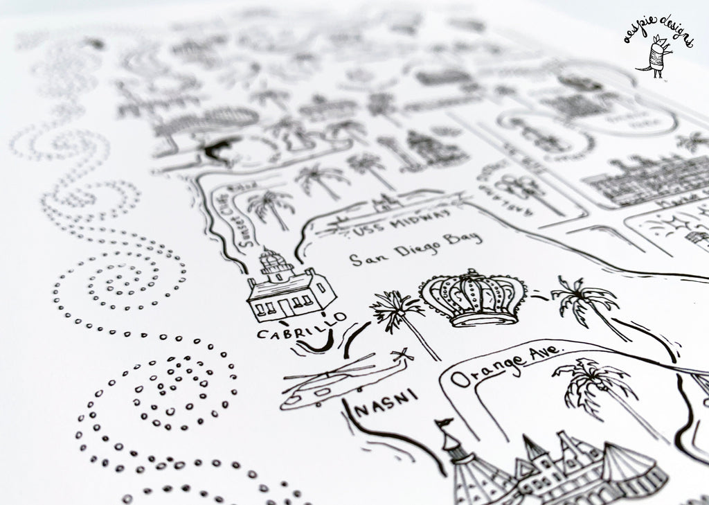 San Diego City Map Art Print - Black & White