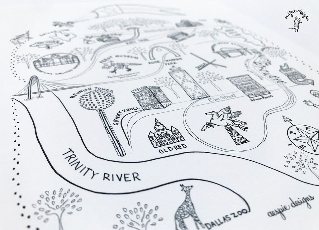 Dallas City Map Art Print Black & White