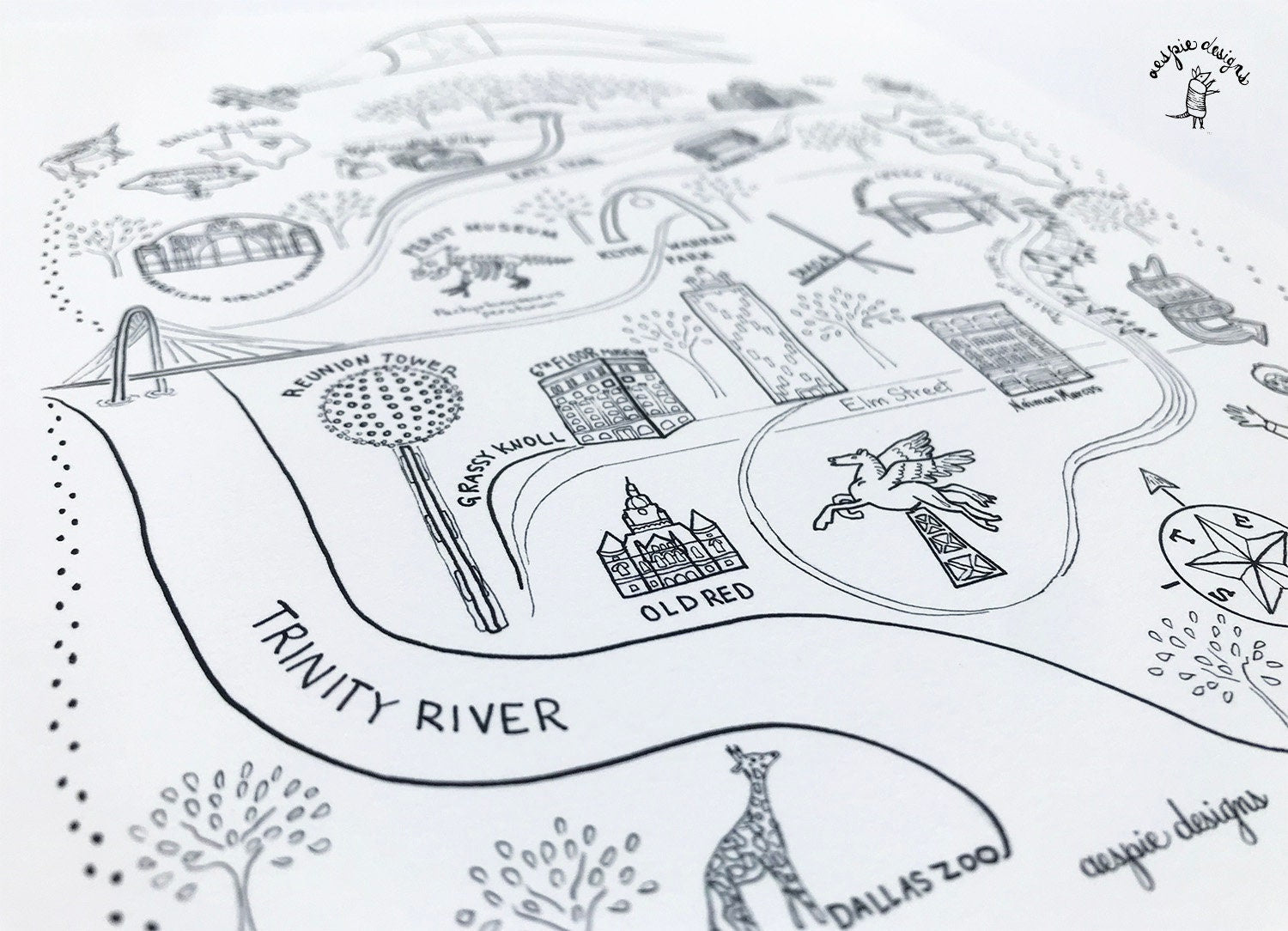 Dallas City Map Art Print Black & White