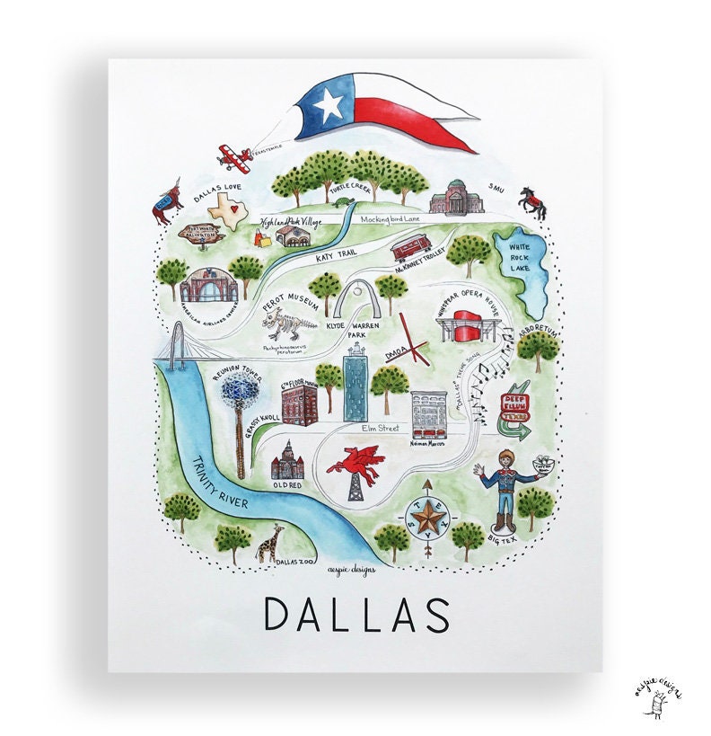 Dallas City Map Art Print - Watercolor