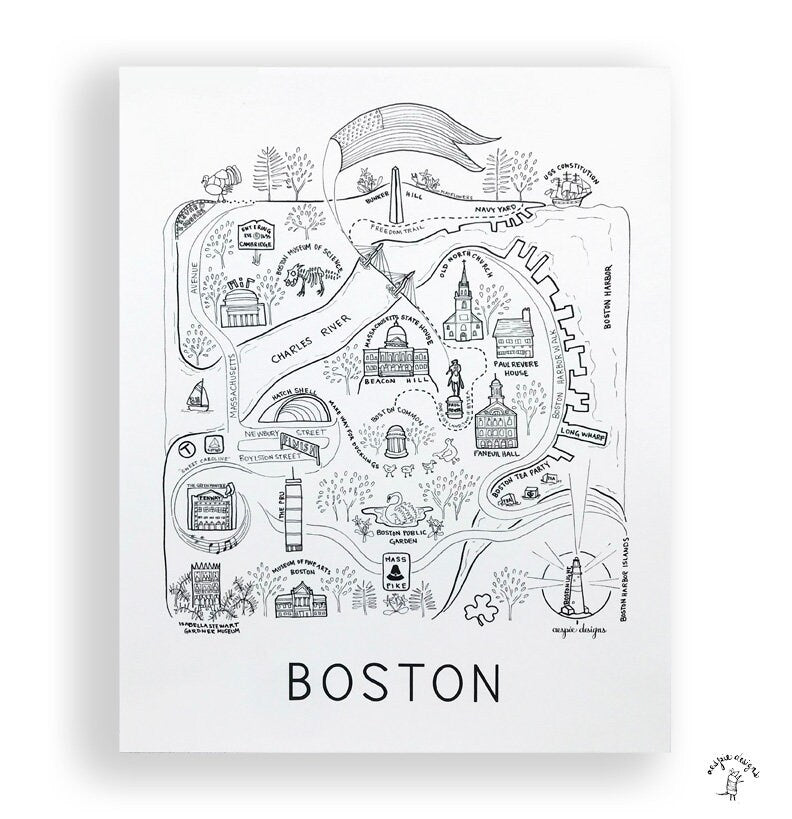 Boston City Map Art Print Black & White