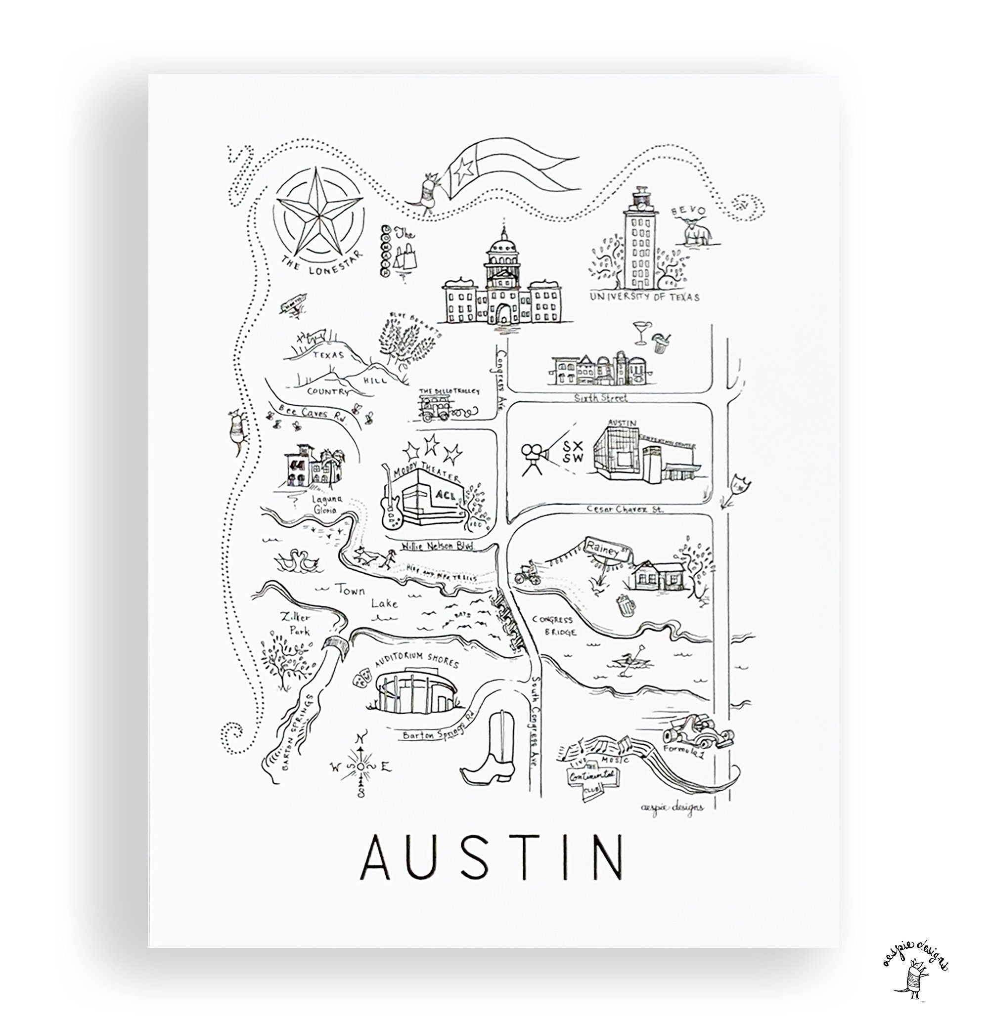 Austin City Map Art Print - Black & White
