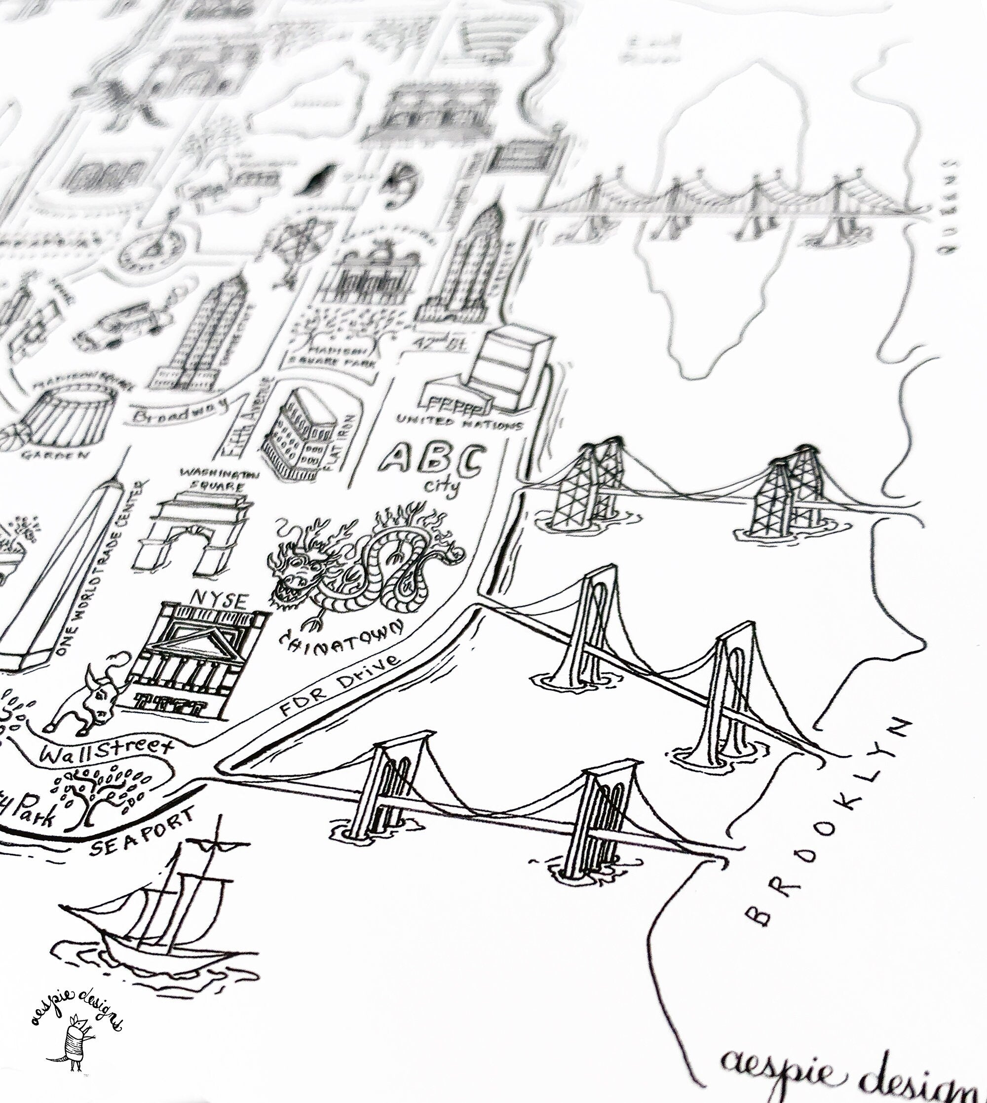 New York City Map Art Print - Black & White