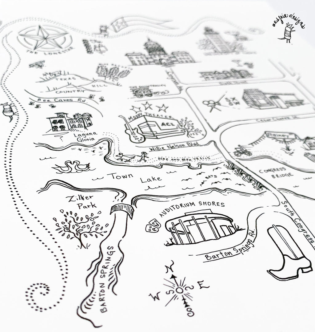 Austin City Map Art Print - Black & White