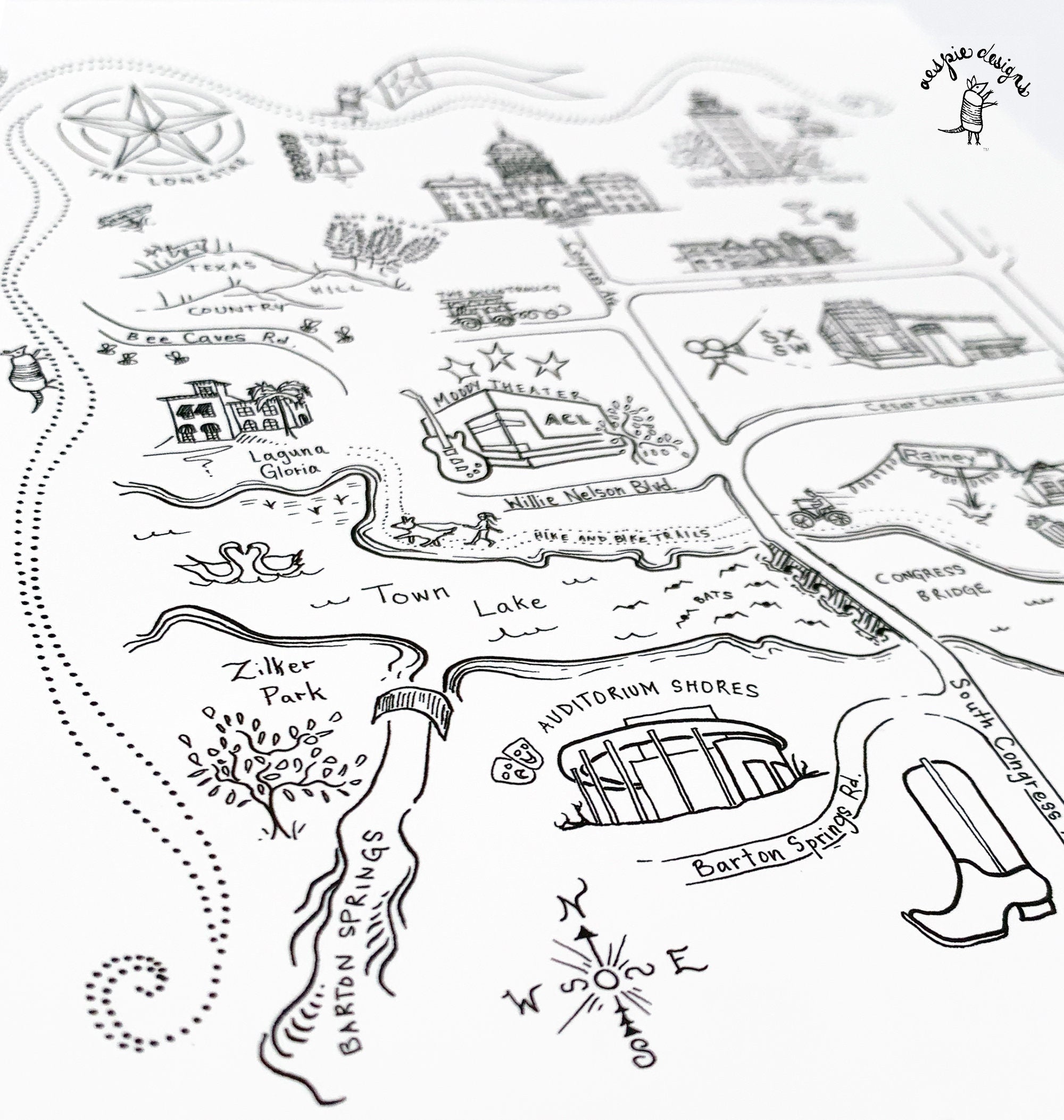 Austin City Map Art Print - Black & White