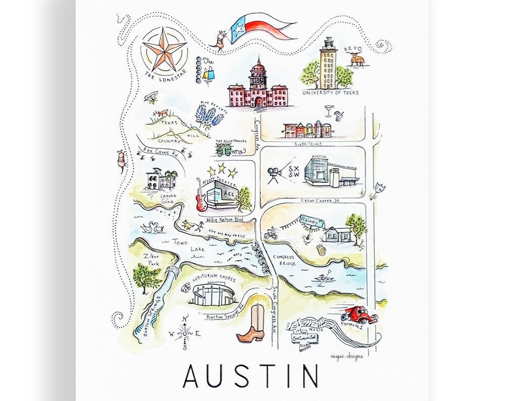 Austin City Map Art Print - Watercolor